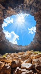 Sunlight streaming through natural cave opening rocky landscape nature photography outdoor viewpoint serenity