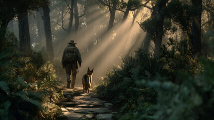 A man and his dog trekking through a dense forest, the soft light of early morning streaming through the trees, symbolizing their adventurous bond.