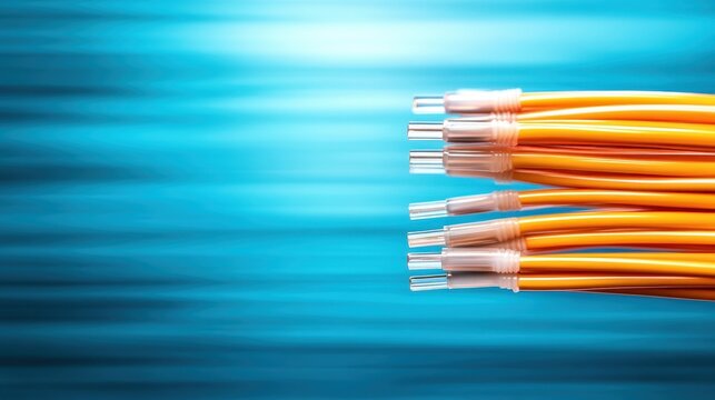 This image showcases a collection of vibrant yellow fiber optic cables against a calming blue background, emphasizing modern technology and connectivity.