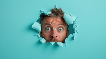 A surprised man appears through a torn section of a bright blue background, capturing a playful moment that conveys curiosity and astonishment in an engaging visual.