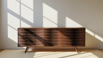A modern mid-century modern credenza with a distinctive wavy wood panel design.