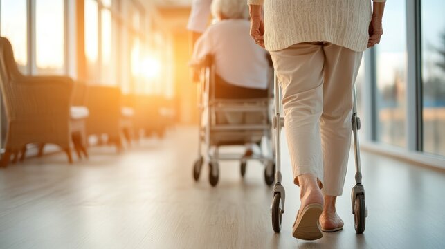 An elderly woman walking with a walker, accompanied by another resident in a care facility, reflects the importance of support, care, and community within assisted living environments.