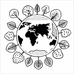 Handdrawn Outline Planet Earth with Trees and Leaves Ecology Illustration