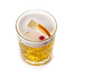 Classic cocktail whiskey sour isolated on white background. Copy space