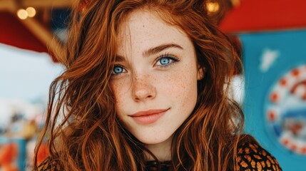 Close-up of a young woman with red hair and blue eyes smiling outdoors on a sunny day