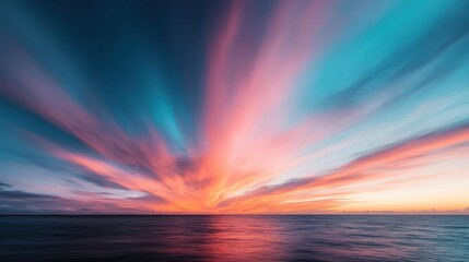 Obraz premium A breathtaking view of a vibrant sunset illuminating the sky with hues of pink, orange, and blue, reflecting off the serene ocean waters, evoking tranquility and wonder.