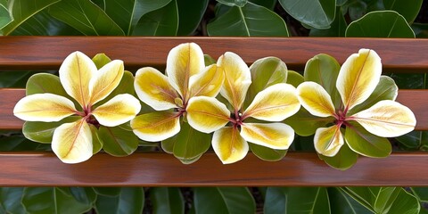 Golden-hued plants laid on a wooden backdrop, with vivid green leaves adding contrast