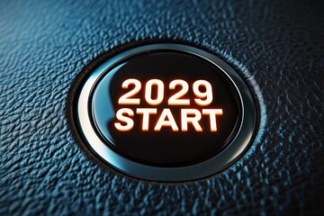 2029 New Year Start Concept Ignition Button on Leather Dashboard, Symbolic of a Fresh Start