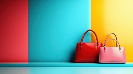 Two fashionable handbags rest against a bright, colorful background, highlighting elegance and style in a modern, minimalistic shopping environment.