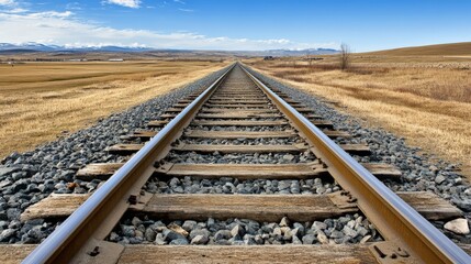 Railroad tracks extend into the distance through open countryside under a blue sky
