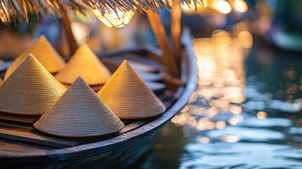 Wooden boat with conical hats, night market scene