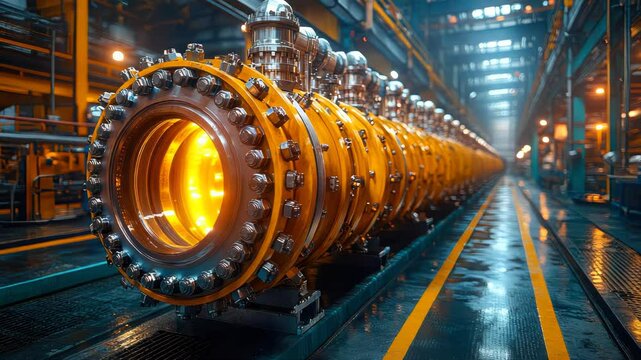 Industrial shell and tube heat exchanger in a modern facility, glowing with warm orange lights, detailed metallic surfaces, and futuristic atmosphere