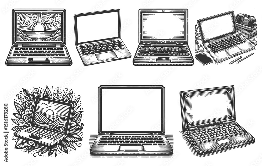 Poster laptop set collection bundle sketch engraving generative ai raster illustration. scratch board imita