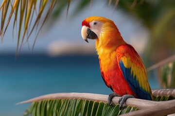 Obraz premium A colorful parrot is perched on a branch in front of a blue ocean. The bird's bright colors and the serene ocean background create a peaceful and vibrant scene