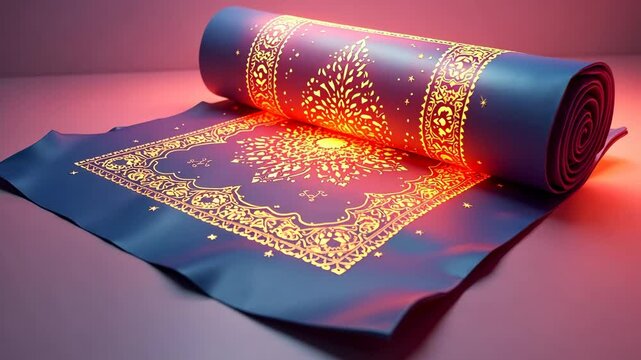 Festive 3D icon of prayer mat unrolling itself with glowing Islamic patterns emerging along its surface in cartoon style. Eid al-Adha, Kurban Bayram, Islamic holiday, family celebration, Muslim feast.