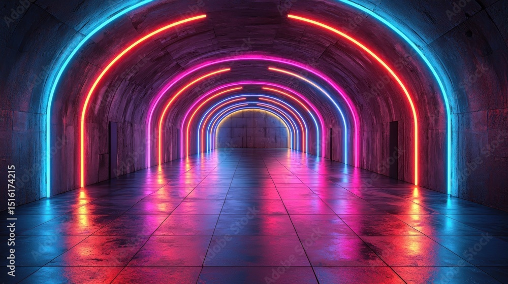 Poster illuminated tunnel with neon lights and concrete texture abstract design