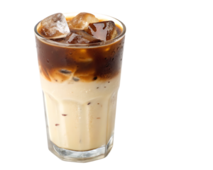 A tall glass of iced coffee with a layer of milk and ice cubes on a white background isolated image