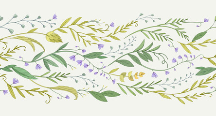 Retro colorful seamless horizontal border with detailed various foliage, intricate details and delicate forms. Elegant botanical rustic design elements. Hand drawn vintage vector illustration