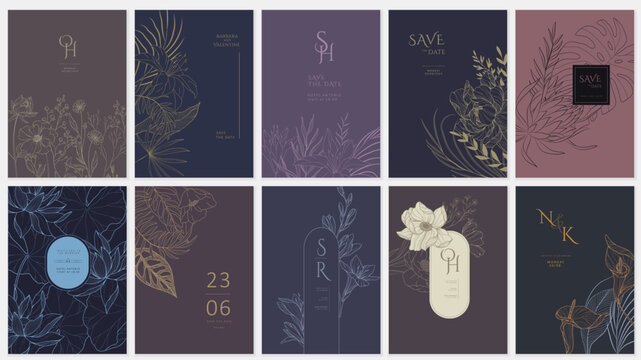 Set of floral invitation save the date card with detailed various flowers. Luxury vintage botanic template layout design, brochure or cover