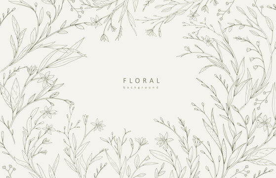 Autumn botanical greeting card with minimalistic branches and flowers. Set of floral design elements. Vector illustration for invitation, save the date card