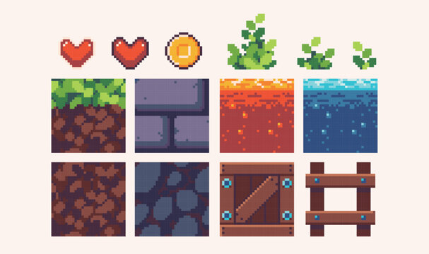 Platformer pixel art square blocks. Ground tiles seamless pattern textures 8 bit platform tiles. Game development, mobile app template. Texture grid vector illustration.