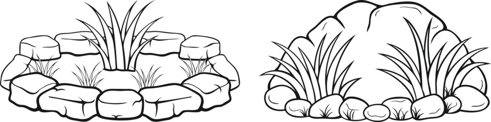 Set of Grass in Stones Line Art Vector Design | Botanical Rock Garden Illustration
