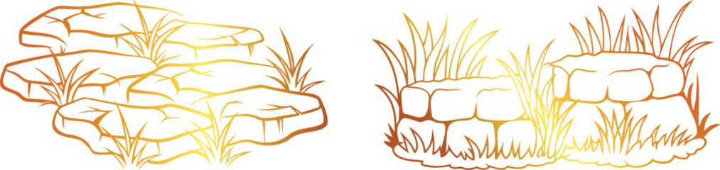 Set of Golden Grass Growing in Stones Line Art Vector Design | Elegant Nature-Inspired Botanical Illustration