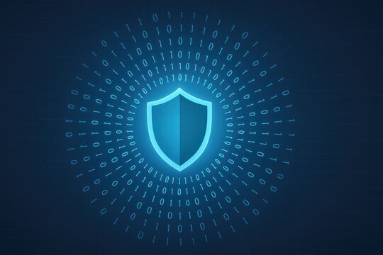 Cybersecurity Shield with Radiating Binary Code Illustration