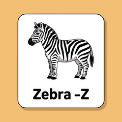 Cartoon zebra illustration on a white rectangle with an animal alphabet theme and an orange background for educational purposes