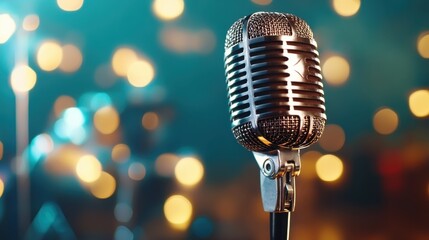 A close-up view of a vintage microphone set against a blurred stage backdrop filled with soft lights, symbolizing music, performance, and creativity in a lively atmosphere.