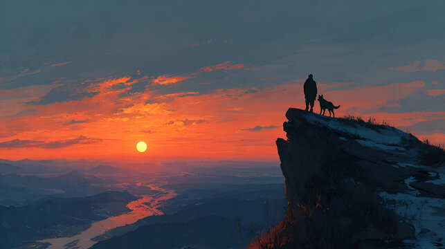 A man with his dog standing on the edge of a mountain overlooking a valley, the sun setting behind them, casting an orange glow over the scene.