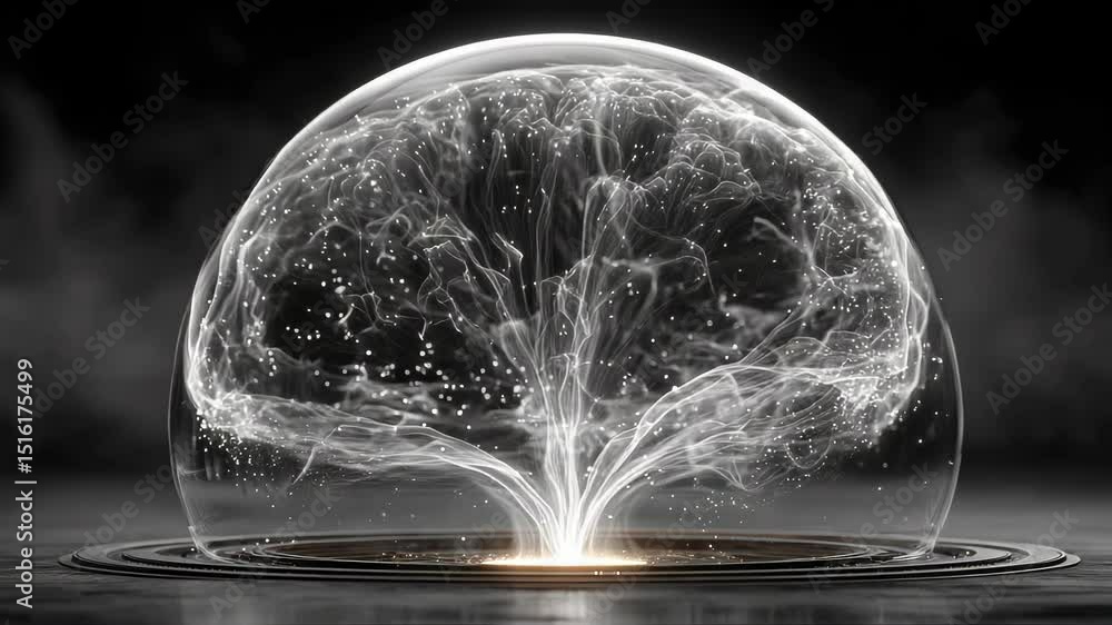 Poster abstract sphere formed by glowing neural connections and fine digital threads, floating in black spa