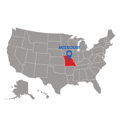 Map of the United States highlighting Missouri in red with a location pin indicating its capital location Perfect for travel and educational materials