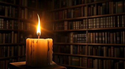 A candle burning in a dark library