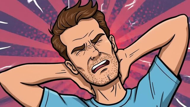 Man in blue shirt experiencing discomfort while holding his neck against a colorful background