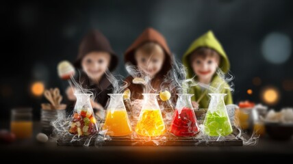 Three children in colorful hooded cloaks stand behind steaming beakers filled with vibrant fruits and liquids, creating a magical, whimsical scene.