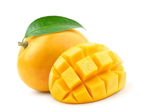 Ripe mango with slice isolated on white background. 