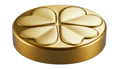A shiny golden coin with a four-leaf clover design, representing luck, wealth, and good fortune.