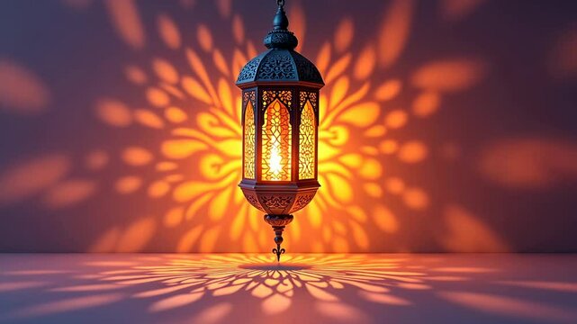 A decorative 3D icon of hanging lantern projecting Islamic geometric patterns onto surrounding surfaces in cartoon style. Eid al-Adha, Kurban Bayram, Islamic holiday, family celebration, Muslim feast.