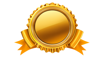 High-quality gold award seal with ribbon on transparent background, perfect for certificates, achievements, quality labels, and promotions.