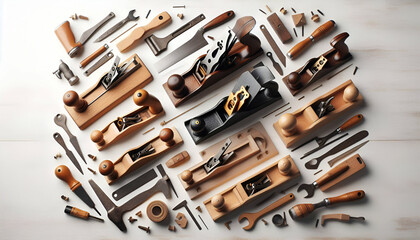 Flat lay of various types of woodworking planes on a white background for product catalog or toolset showcase.