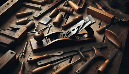 Fototapeta premium Vintage wooden hand plane on aged table with tools scattered around, shot in moody natural lighting.