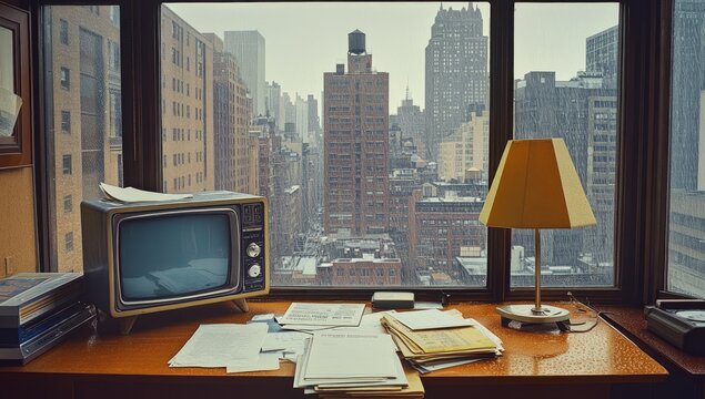 City view from vintage desk