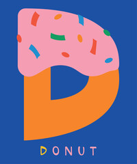 Vibrant Donut Letter D Vector Illustration. Colorful donut-themed letter D vector illustration with a pink frosted top and sprinkles against a bold blue background. 