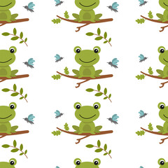 Bright green frogs sitting on branches with insects in a playful pattern created for children’s decor and materials. Seamless pattern in flat style. Vector illustration.