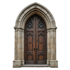 Gothic church door with tall arch, stained wood, cross carvings, aged stone border, isolated on white background