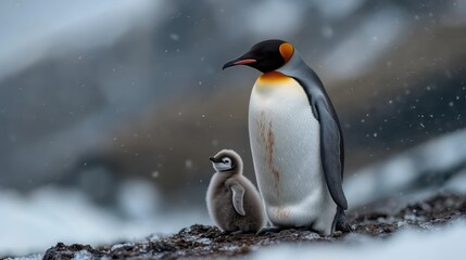 Fototapeta premium A heartwarming scene depicting an emperor penguin standing proudly with its fluffy chick, surrounded by a snowy landscape that invokes feelings of family and protection.