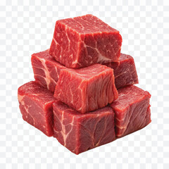 realistic fresh pile of fresh raw beef  cubes isolated on transparent background