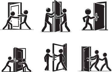 Simple Stick Man Opening Door Vector Illustration in Clean White Style