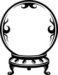 ornate crystal ball on vintage stand, mystical fortune telling tool black and white illustration